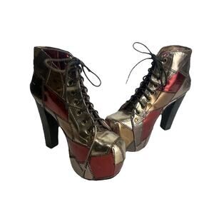 jeffrey campbell patchwork Patch litas platform bootie lace up boots size 6.5